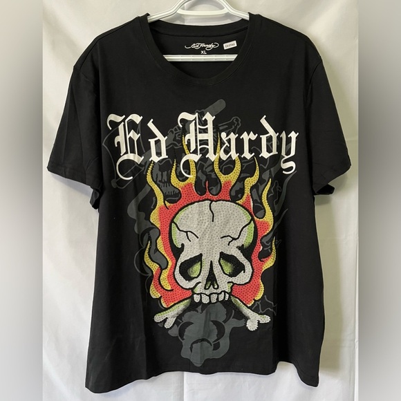 Ed Hardy‎ Tee XL Flame Skull Y2K Rhinestone Double-Sided Black T- Shirt - Picture 1 of 10